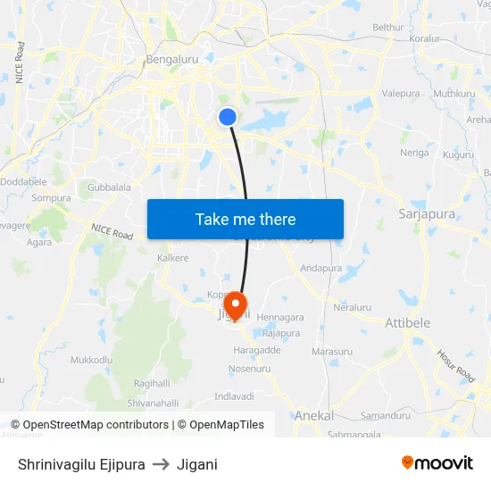Shrinivagilu Ejipura to Jigani map