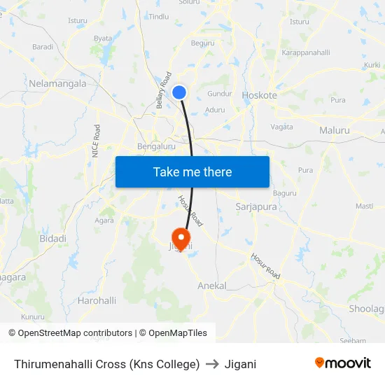 Thirumenahalli Cross (Kns College) to Jigani map