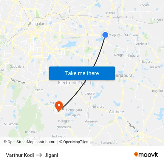 Varthur Kodi to Jigani map