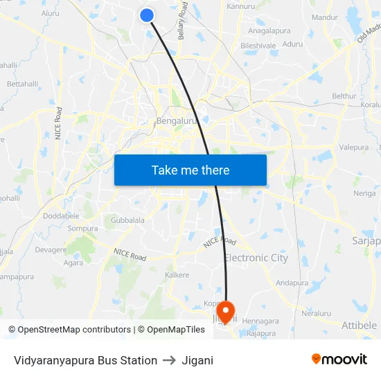 Vidyaranyapura Bus Station to Jigani map