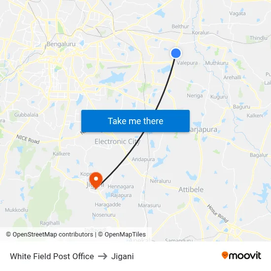 White Field Post Office to Jigani map
