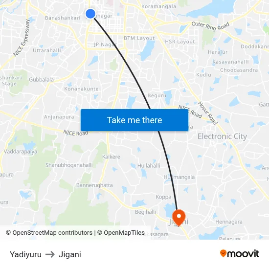 Yadiyuru to Jigani map