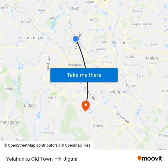 Yelahanka Old Town to Jigani map