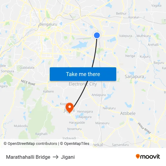 Marathahalli Bridge to Jigani map