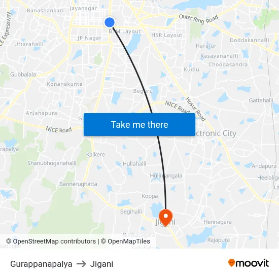 Gurappanapalya to Jigani map