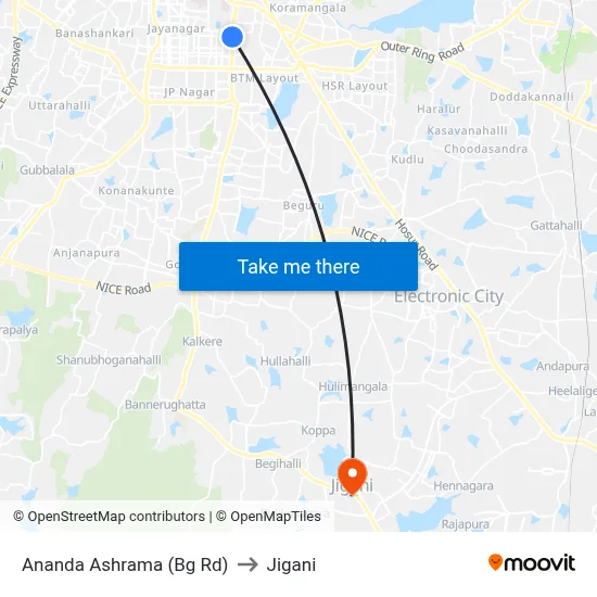 Ananda Ashrama (Bg Rd) to Jigani map