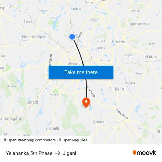 Yelahanka 5th Phase to Jigani map