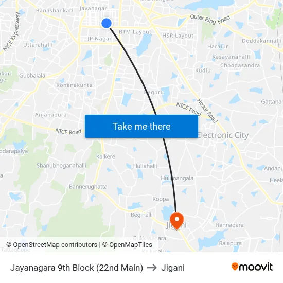Jayanagara 9th Block (22nd Main) to Jigani map
