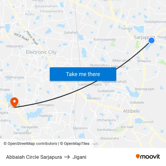 Abbaiah Circle Sarjapura to Jigani map