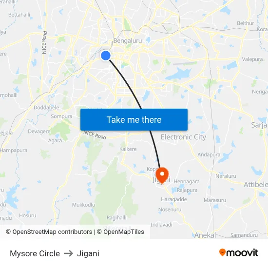 Mysore Circle to Jigani map
