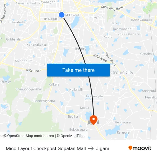 Mico Layout Checkpost Gopalan Mall to Jigani map