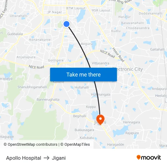 Apollo Hospital to Jigani map