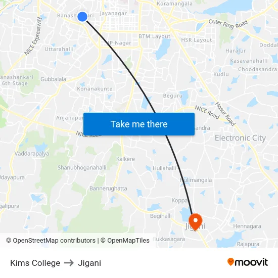 Kims College to Jigani map