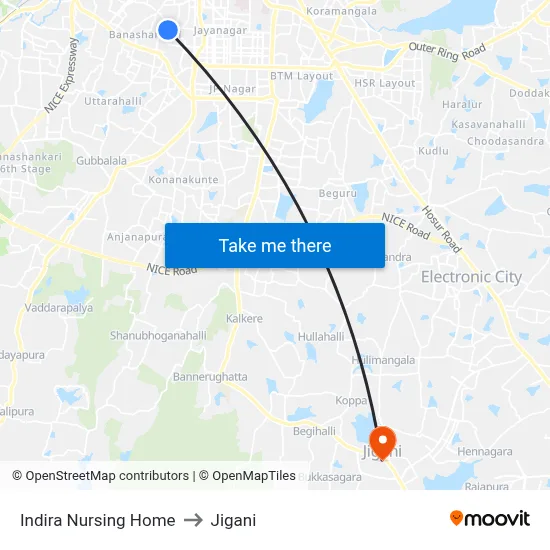 Indira Nursing Home to Jigani map