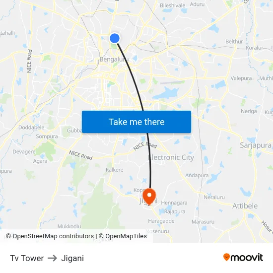 Tv Tower to Jigani map