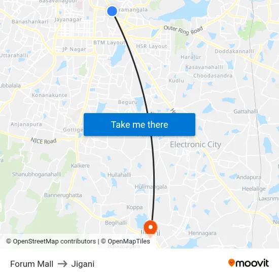 Forum Mall to Jigani map