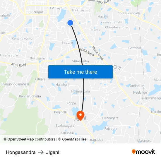 Hongasandra to Jigani map