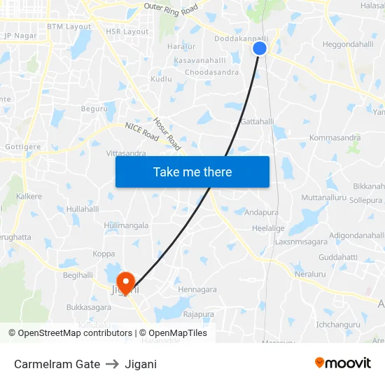Carmelram Gate to Jigani map