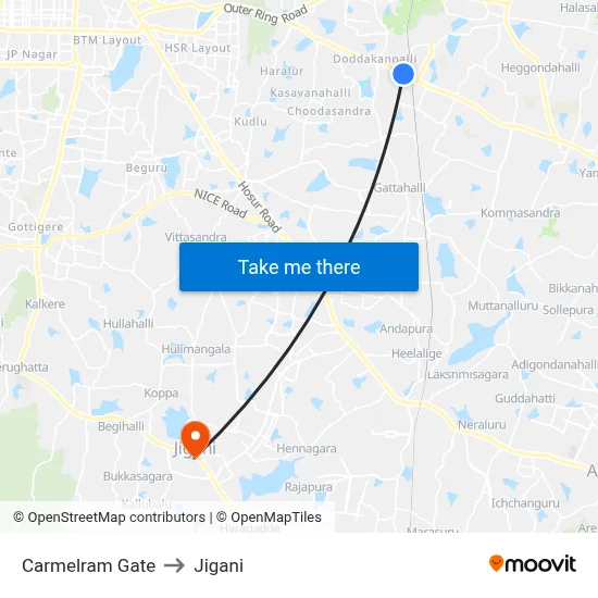 Carmelram Gate to Jigani map