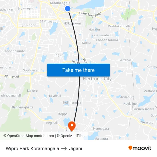 Wipro Park Koramangala to Jigani map