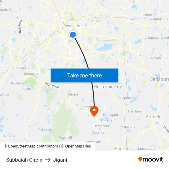 Subbaiah Circle to Jigani map