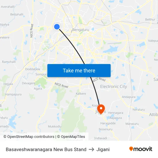 Basaveshwaranagara New Bus Stand to Jigani map