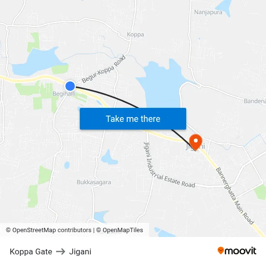 Koppa Gate to Jigani map