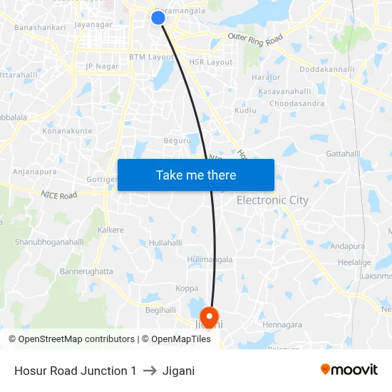 Hosur Road Junction 1 to Jigani map