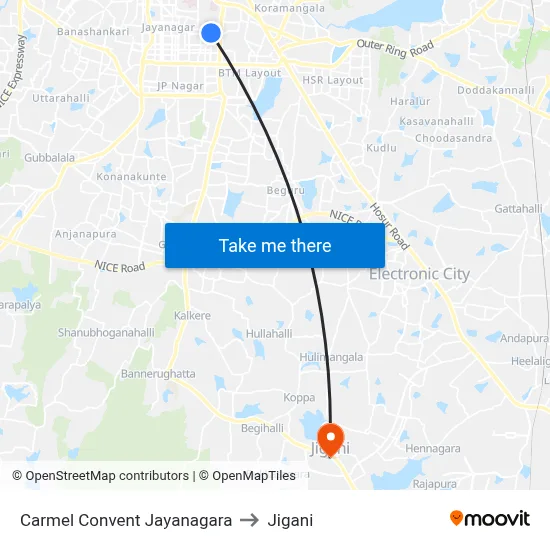 Carmel Convent Jayanagara to Jigani map