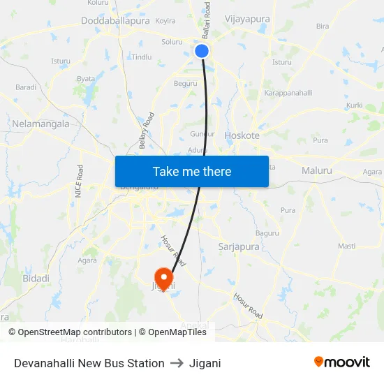 Devanahalli New Bus Station to Jigani map