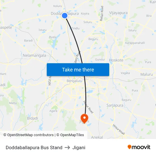 Doddaballapura Bus Stand to Jigani map