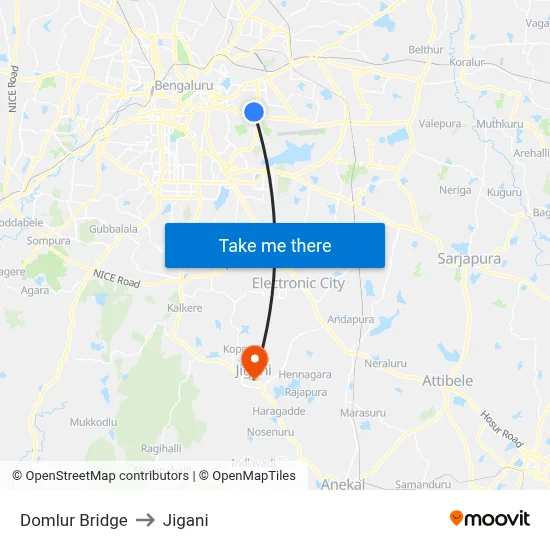 Domlur Bridge to Jigani map