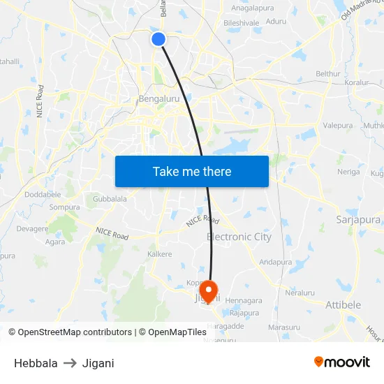 Hebbala to Jigani map