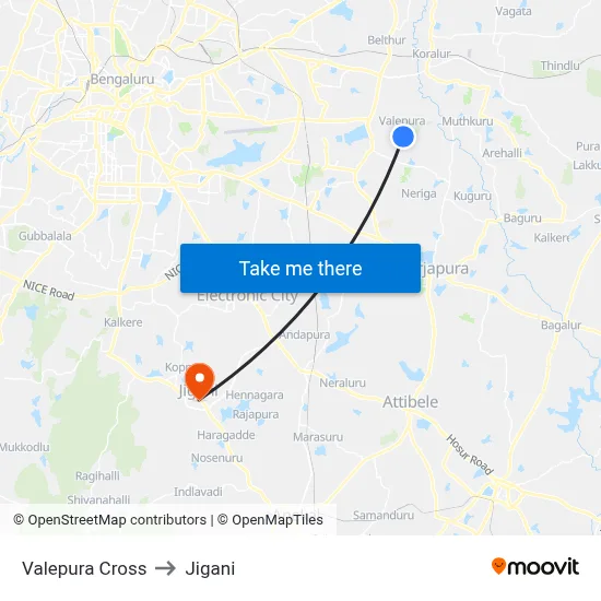 Valepura Cross to Jigani map