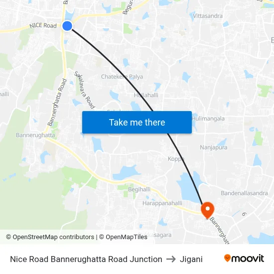 Nice Road Bannerughatta Road Junction to Jigani map