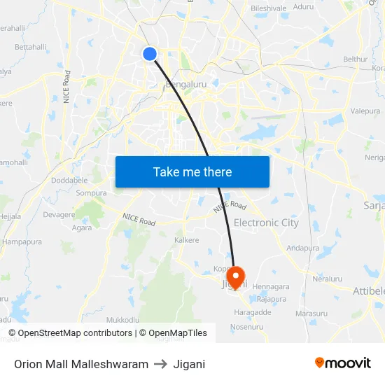 Orion Mall Malleshwaram to Jigani map