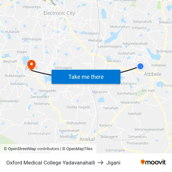 Oxford Medical College Yadavanahalli to Jigani map