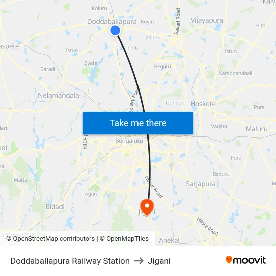 Doddaballapura Railway Station to Jigani map