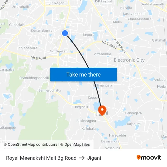 Royal Meenakshi Mall Bg Road to Jigani map