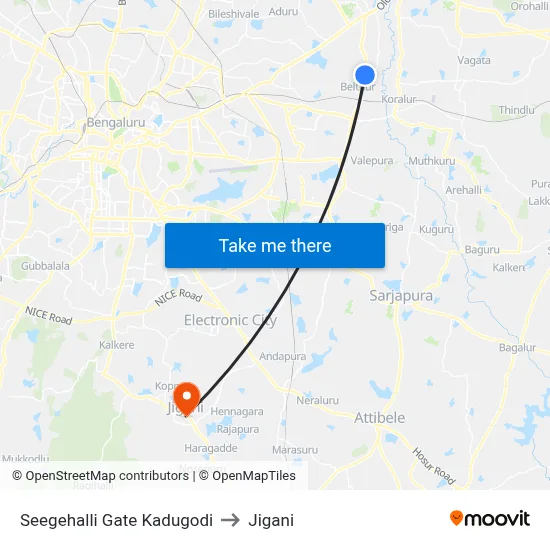 Seegehalli Gate Kadugodi to Jigani map