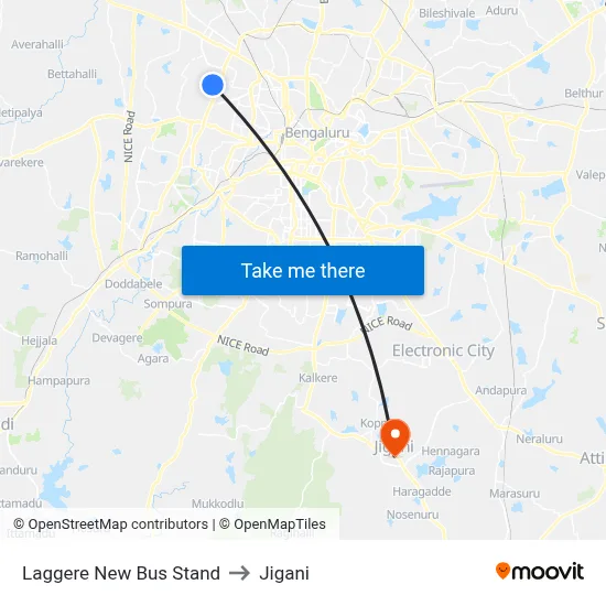 Laggere New Bus Stand to Jigani map
