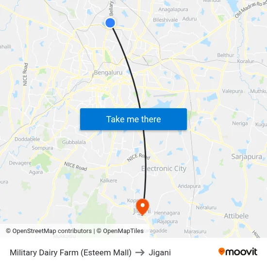Military Dairy Farm (Esteem Mall) to Jigani map