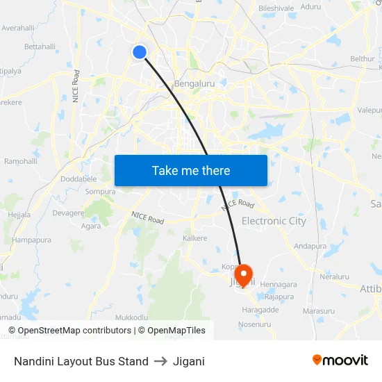 Nandini Layout Bus Stand to Jigani map