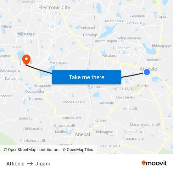 Attibele to Jigani map