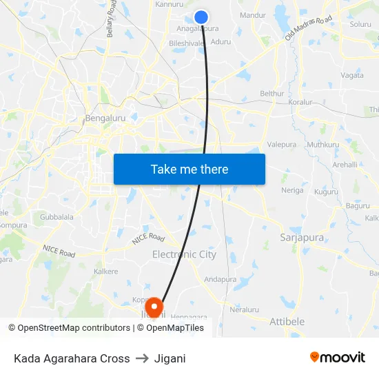 Kada Agarahara Cross to Jigani map