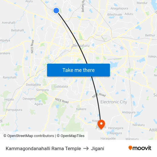 Kammagondanahalli Rama Temple to Jigani map