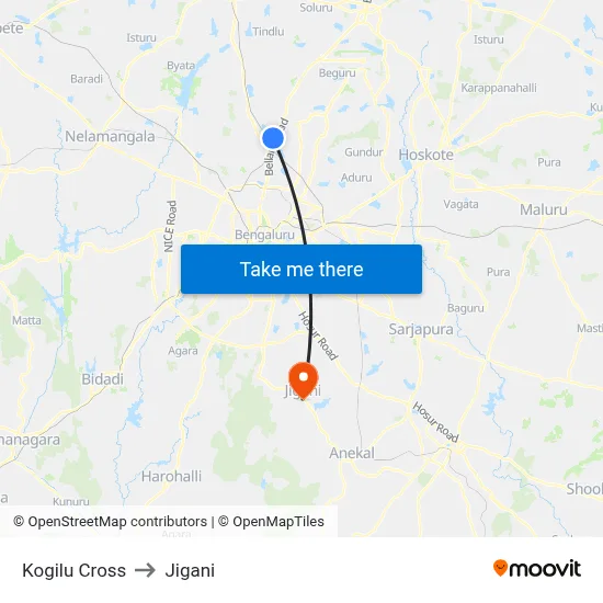 Kogilu Cross to Jigani map