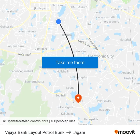 Vijaya Bank Layout Petrol Bunk to Jigani map