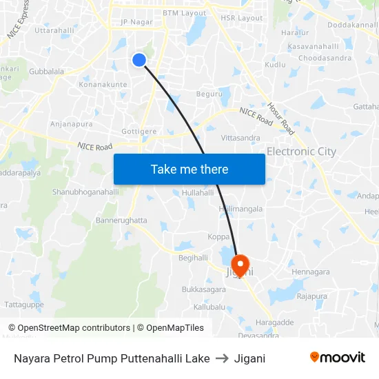 Nayara Petrol Pump Puttenahalli Lake to Jigani map
