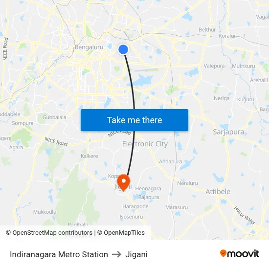 Indiranagara Metro Station to Jigani map